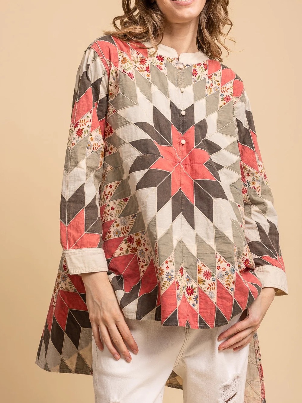 Blue Velvet Quiltwork Vintage Inspired High-Low Tunic Top Boho Patchwork L/XL
